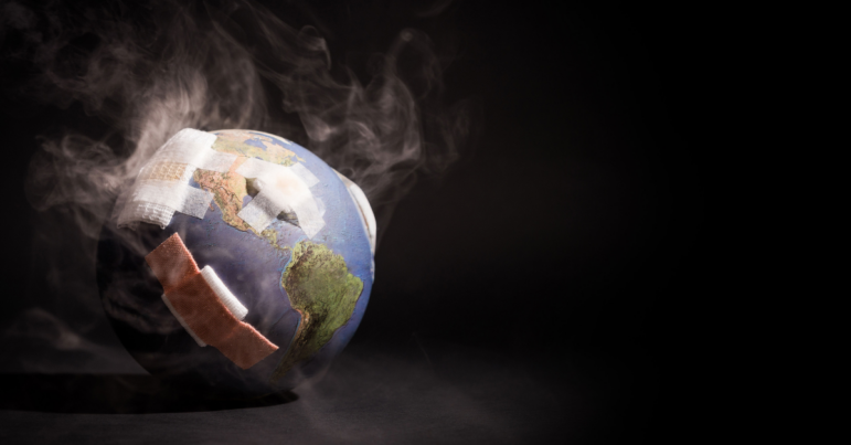 White smoke cover around the globe (World) full of bandages, demonstrating impact of global warming, climate change, pollution from Fossil Fuels Burning, Deforestation, Industrial Revolution.