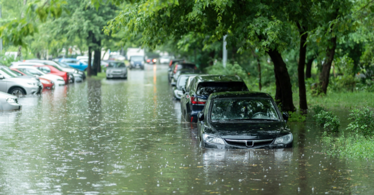 Cars stranded on a flooded street