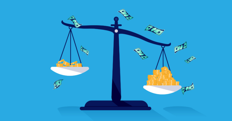 Unequal pay - Weight scale with money, showing different salary and amount of money. Inequality and unfair concept. Vector illustration.