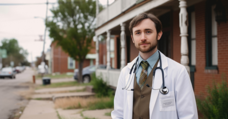 A doctor stand in front of his small town