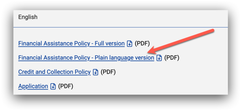 A screenshot from a hospital's financial assistance page, pointing to the plain language pdf download