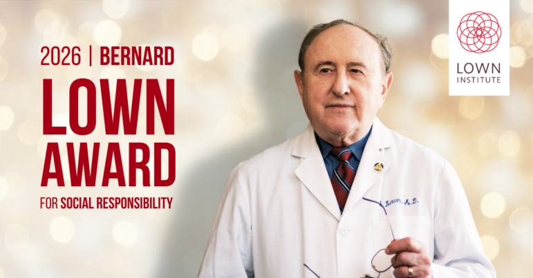 Text reading "the 2026 Bernard Lown Award for Social Responsibility." An image of Dr. Lown in his white coat is to the right of the text.